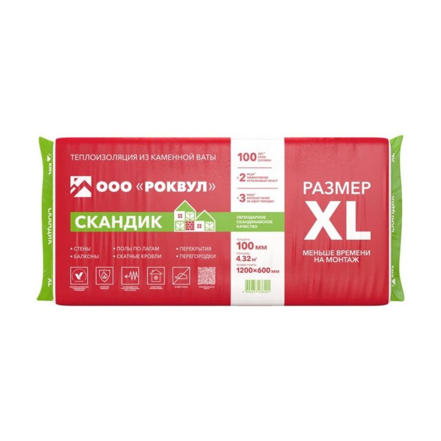 Утеплитель Роквул Скандик XL 100мм, 6 плит, 4.32м2, 600х1200мм, 0.432м3 Rockwool купить в Симферополe